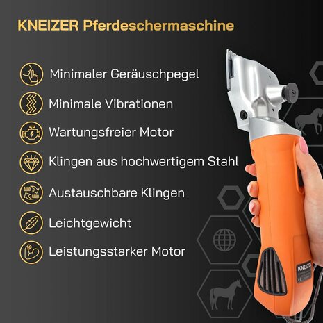 KNEIZER Paarden scheerapparaat complete set met accessoires – met verwisselbare messen – stil en trillingsarm