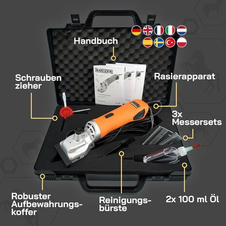 KNEIZER Paarden scheerapparaat complete set met accessoires – met verwisselbare messen – stil en trillingsarm